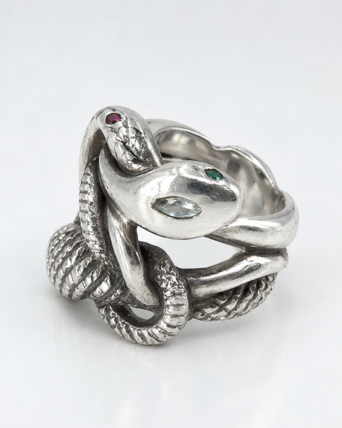 Silver Intertwined Gemstone Snake Ring